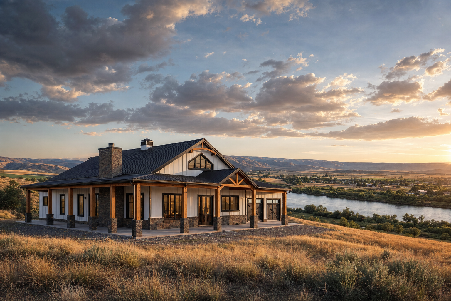 Vickers Residence rendering — custom farmhouse home overlooking the Snake River near Marsing, Idaho